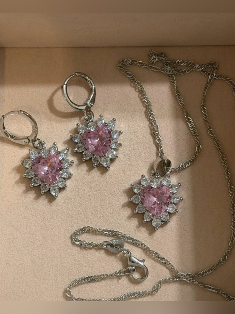 925 Silver Heart Pink Crystal Pendant Necklace and Earrings Set